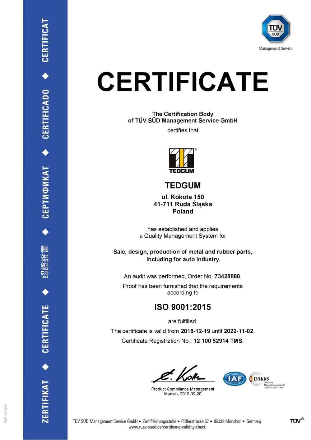 TEDGUM ISO 9001:2015 certificate